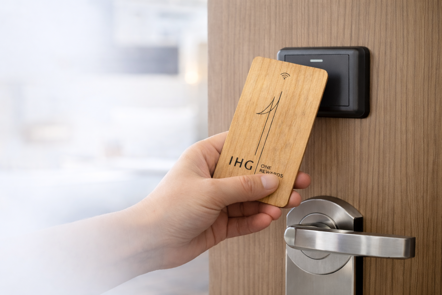 Tarjeta de madera en cerradura hotelera